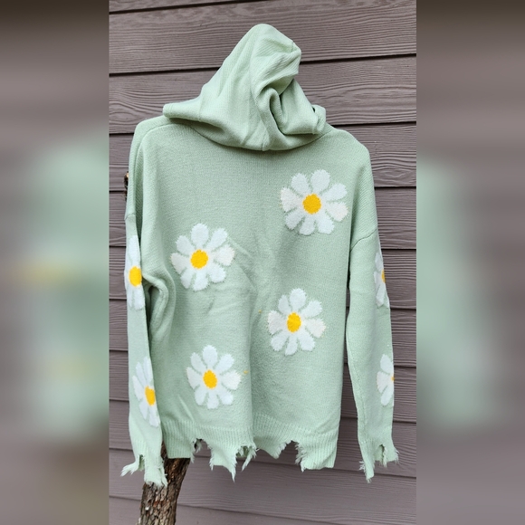 Mint Green Daisy Hoodie Sweater with Yellow Centers - Picture 2 of 4